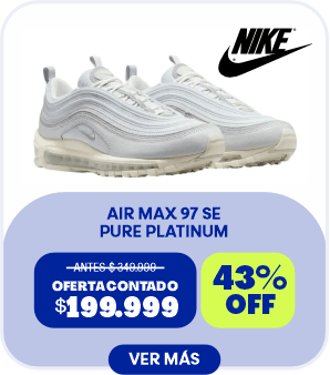 NIKE
AIR MAX 97 SE PURE PLATINUM
ANTES $ 349.999 OFERTA CONTADO $199.999 43% OFF
VER MÁS